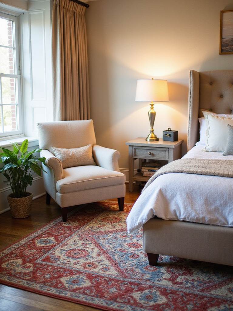 A cozy bedroom featuring an affordable area rug defining a reading nook.