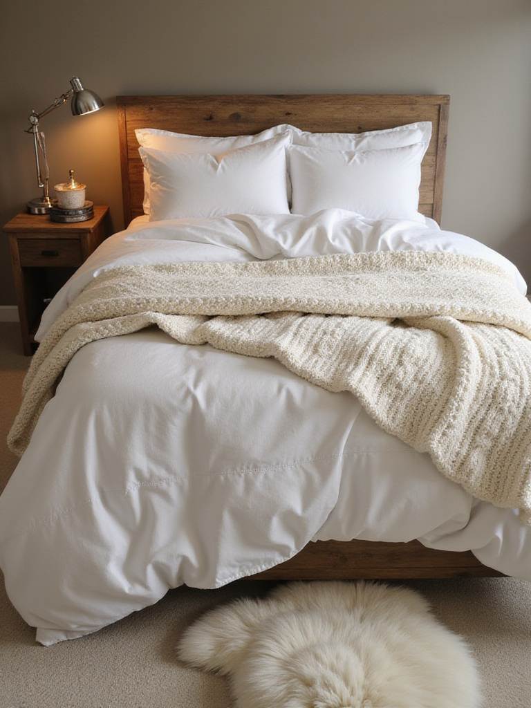 Stylish bedroom with diverse textures including linen duvet, cable-knit throw, faux fur rug, and wood nightstand.