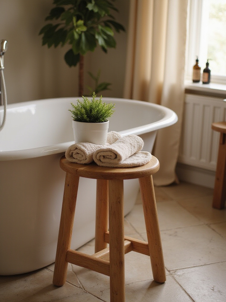 A small wooden stool in a stylish bathroom beside a freestanding tub, decorated with a towel and plant.