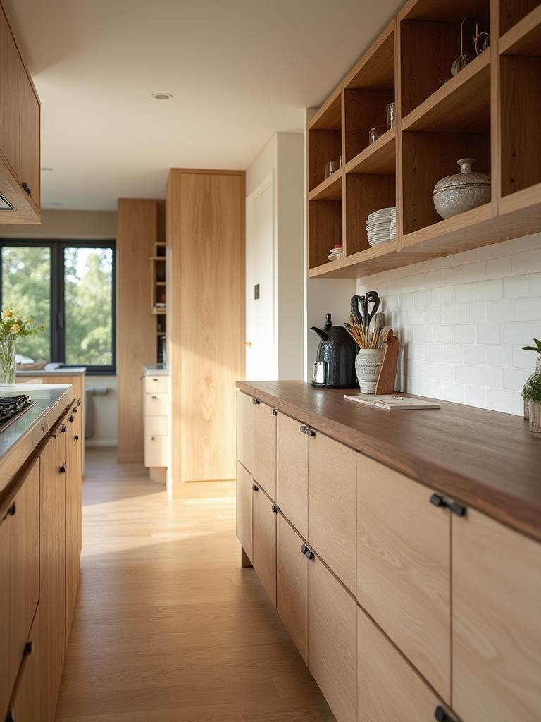 Modern kitchen showcasing natural wood tones with oak cabinetry and walnut countertop