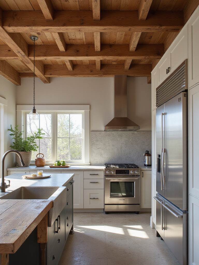 A rustic-contemporary kitchen featuring wooden beams, farmhouse sink, and modern appliances.