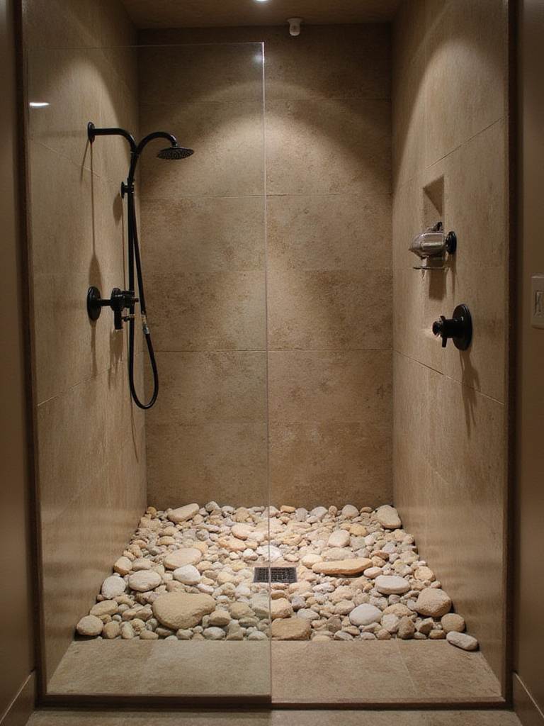 Walk-in shower with river rock floor showcasing natural stones and rustic design.