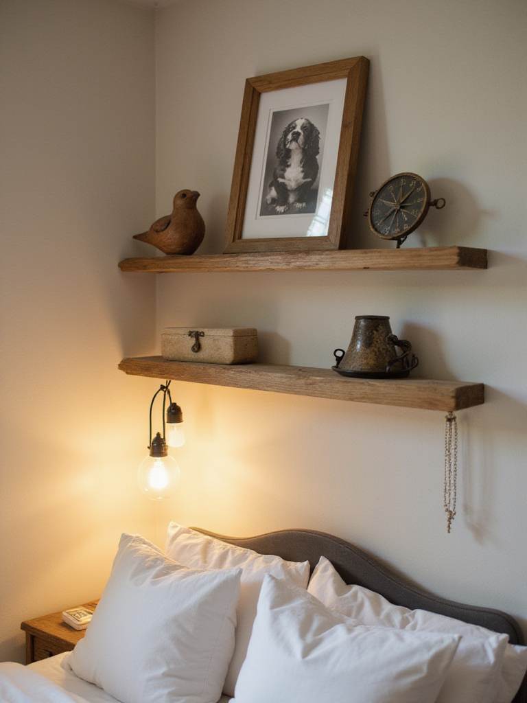 Curated display of cherished items on a floating shelf above a bed in a cozy bedroom.