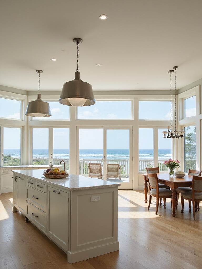 Coastal kitchen with an open layout and large island, showcasing natural light and ocean views.