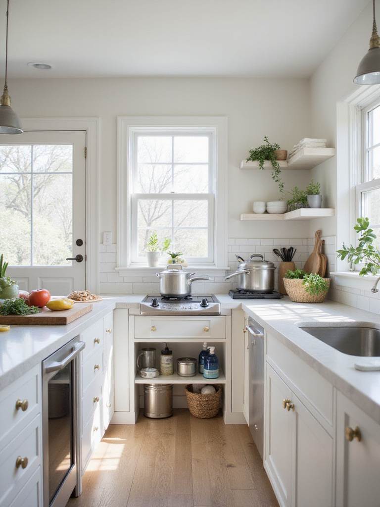 Organized kitchen with designated zones for cooking, preparation, and cleanup.