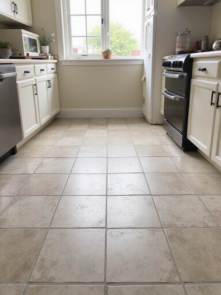 A pristine kitchen floor with various tile designs, showcasing the importance of tile maintenance and repairs.