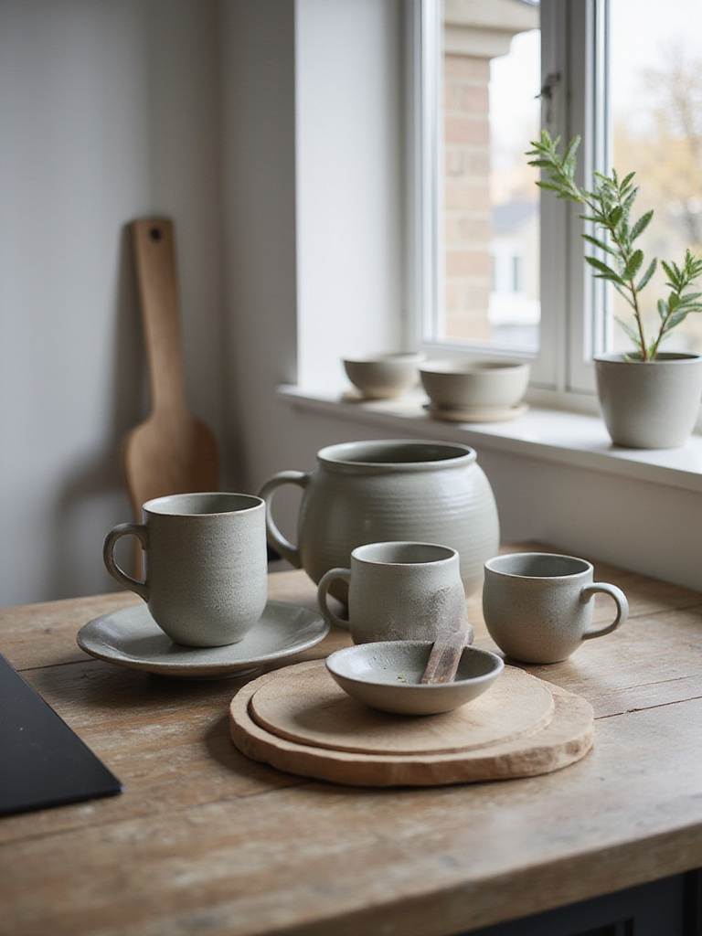 A serene Scandinavian kitchen featuring textured ceramic pieces on a wooden countertop.