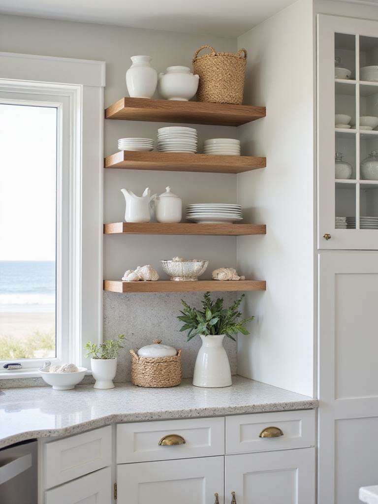 Coastal kitchen with open shelving showcasing seashells and white ceramics