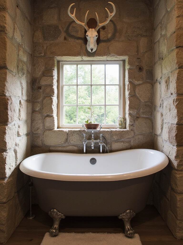 Rustic bathroom featuring an antler as decor above a freestanding tub.