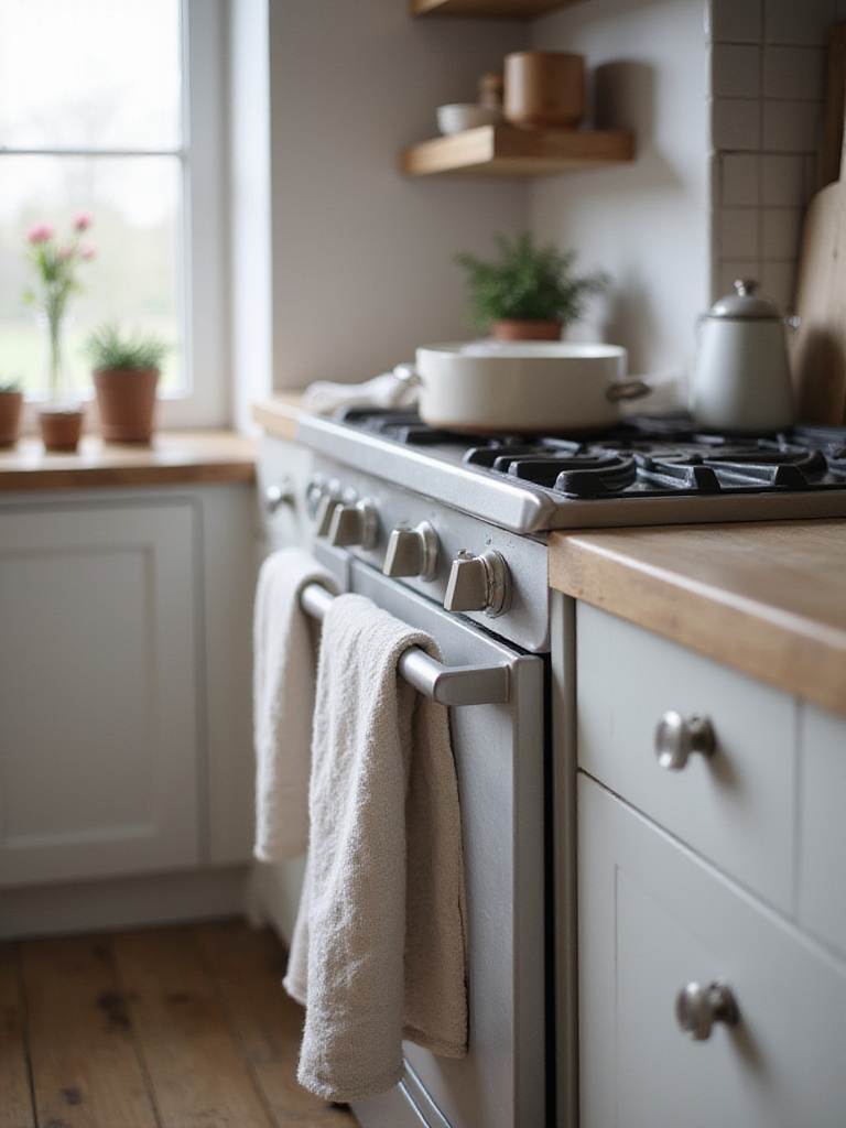 Scandinavian kitchen with drape linen tea towels over an oven handle.
