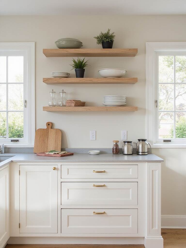 A kitchen with harmonious color palette featuring soft off-white cabinets and light grey quartz countertop