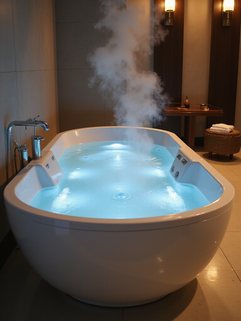 A modern smart bathtub filled with warm water in a luxurious bathroom setting.