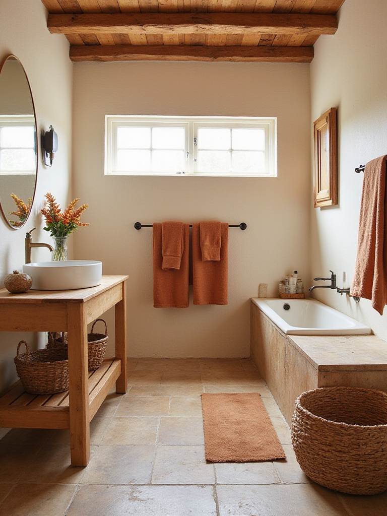 Rustic bathroom featuring an earthy color palette with warm off-white walls and terracotta accents.