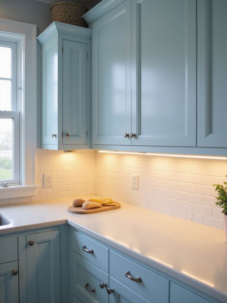 A coastal kitchen featuring under-cabinet lighting illuminating a countertop.