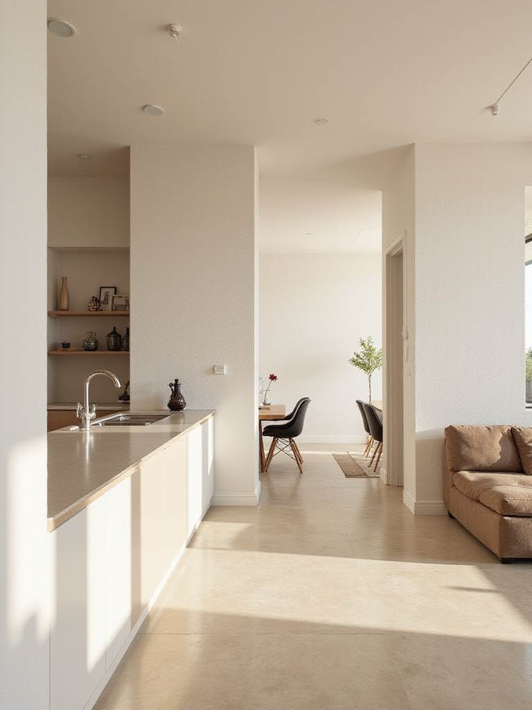 Open-concept kitchen with seamless color flow and harmonious wall colors.