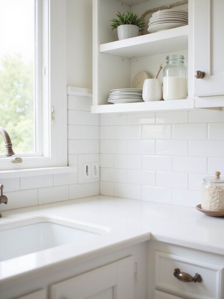 Coastal kitchen featuring a clean backsplash made of classic white subway tile