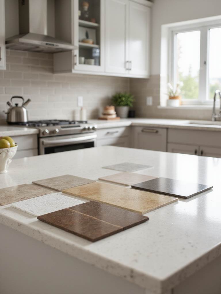 Variety of kitchen tiles displayed on a countertop in a well-lit kitchen