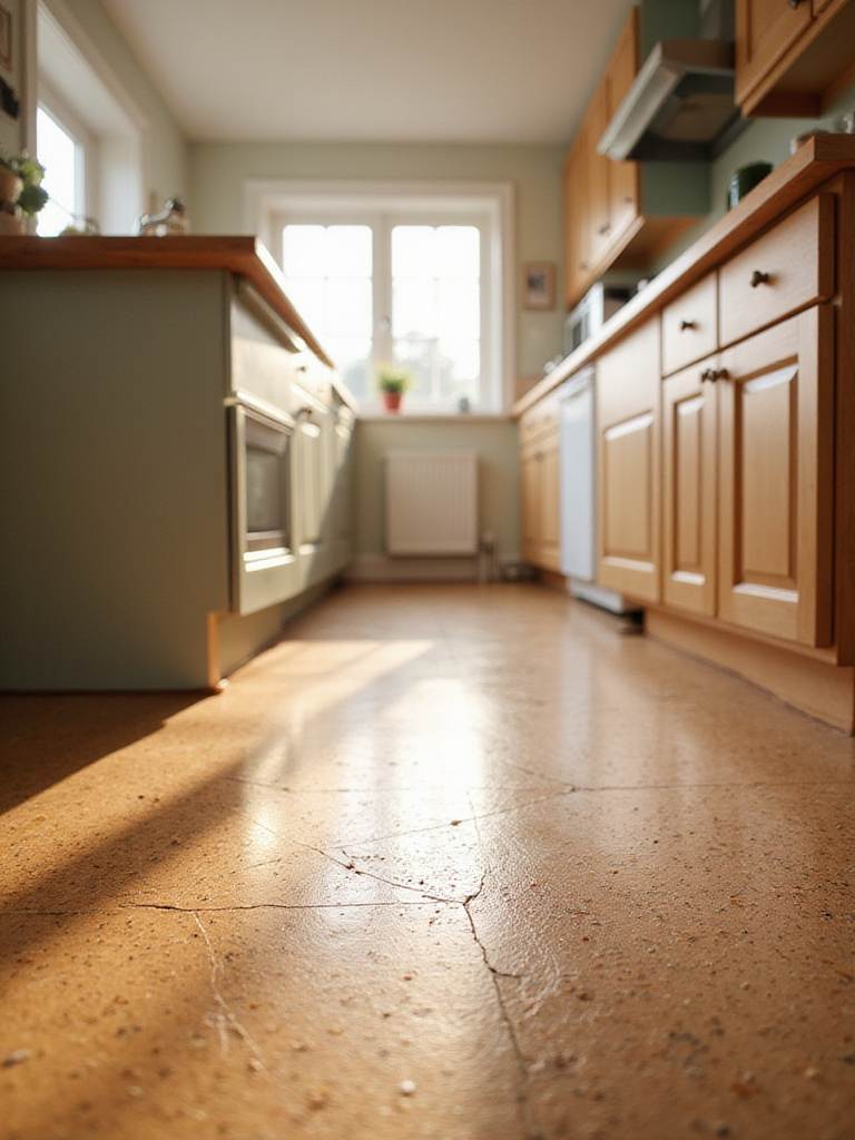 Eco-friendly cork and linoleum flooring in a bright kitchen