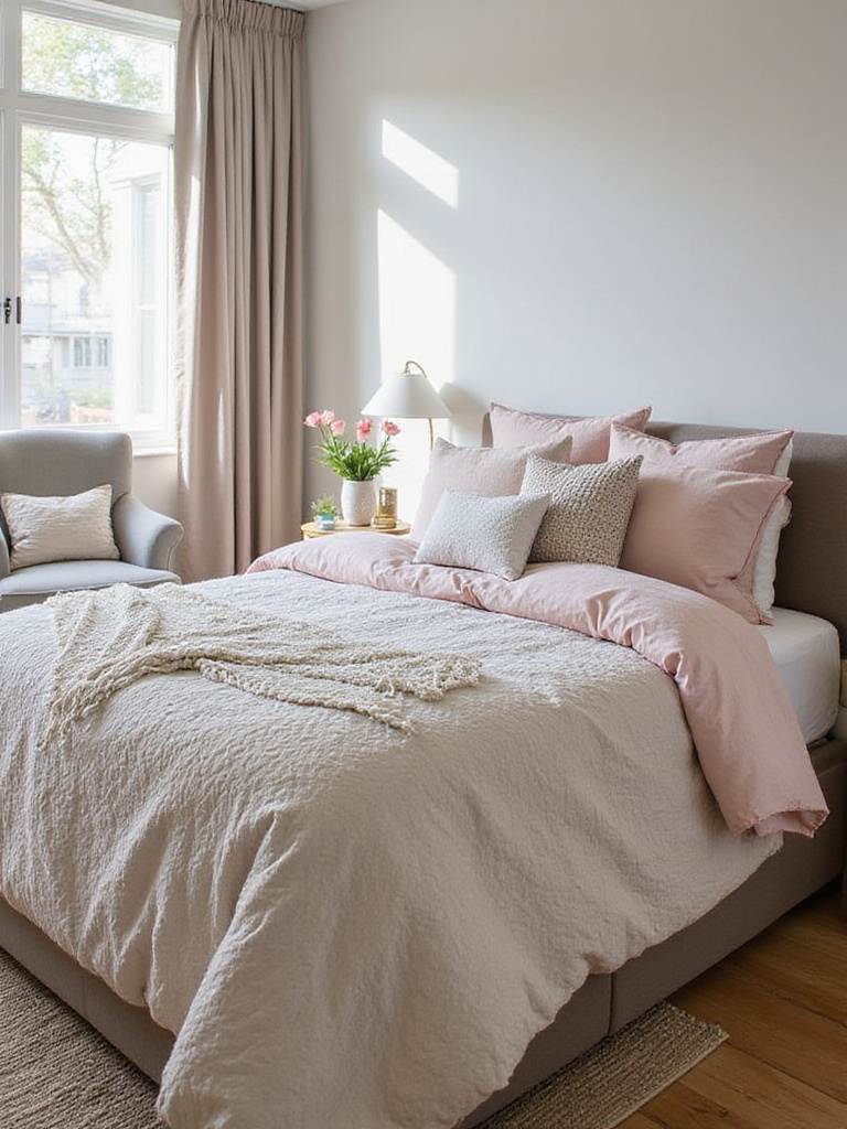 Stylish bedding on a well-made bed in a beautifully decorated bedroom scene.
