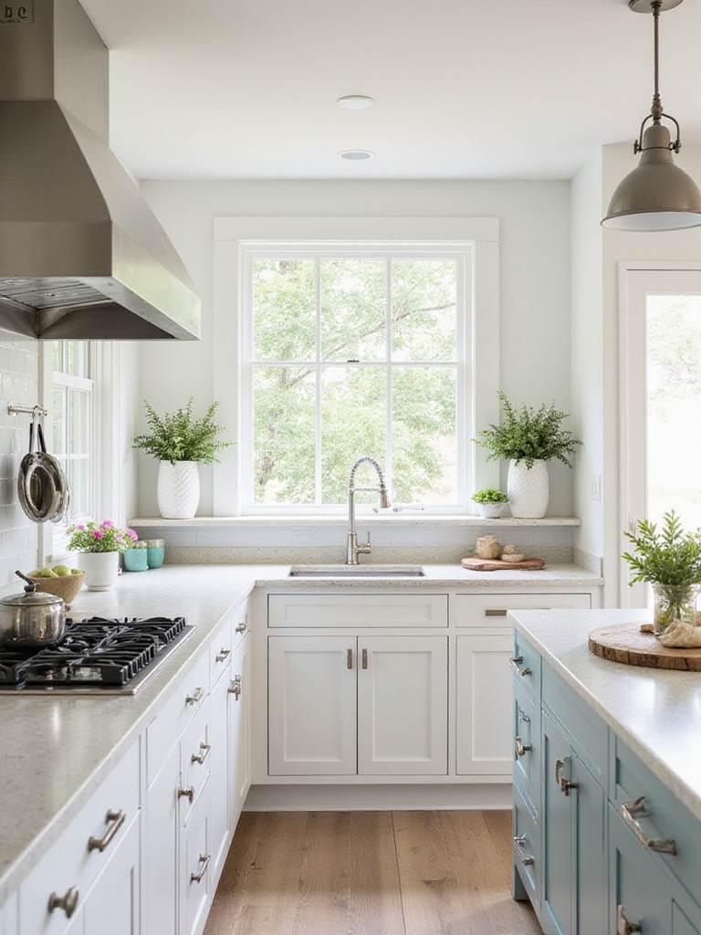 Coastal kitchen with light countertops reflecting sand and shells