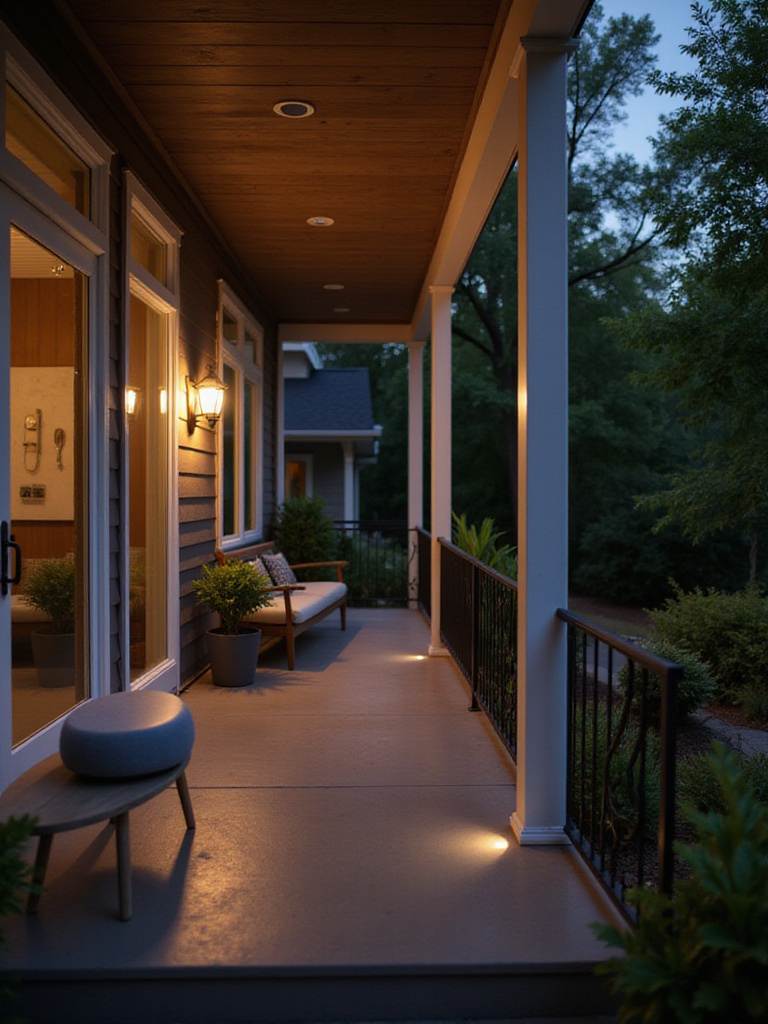 Modern porch equipped with smart home technology for enhanced comfort and security, featuring automated lighting and climate controls.