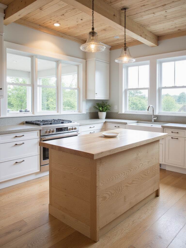 Coastal kitchen with natural wood elements and white cabinets