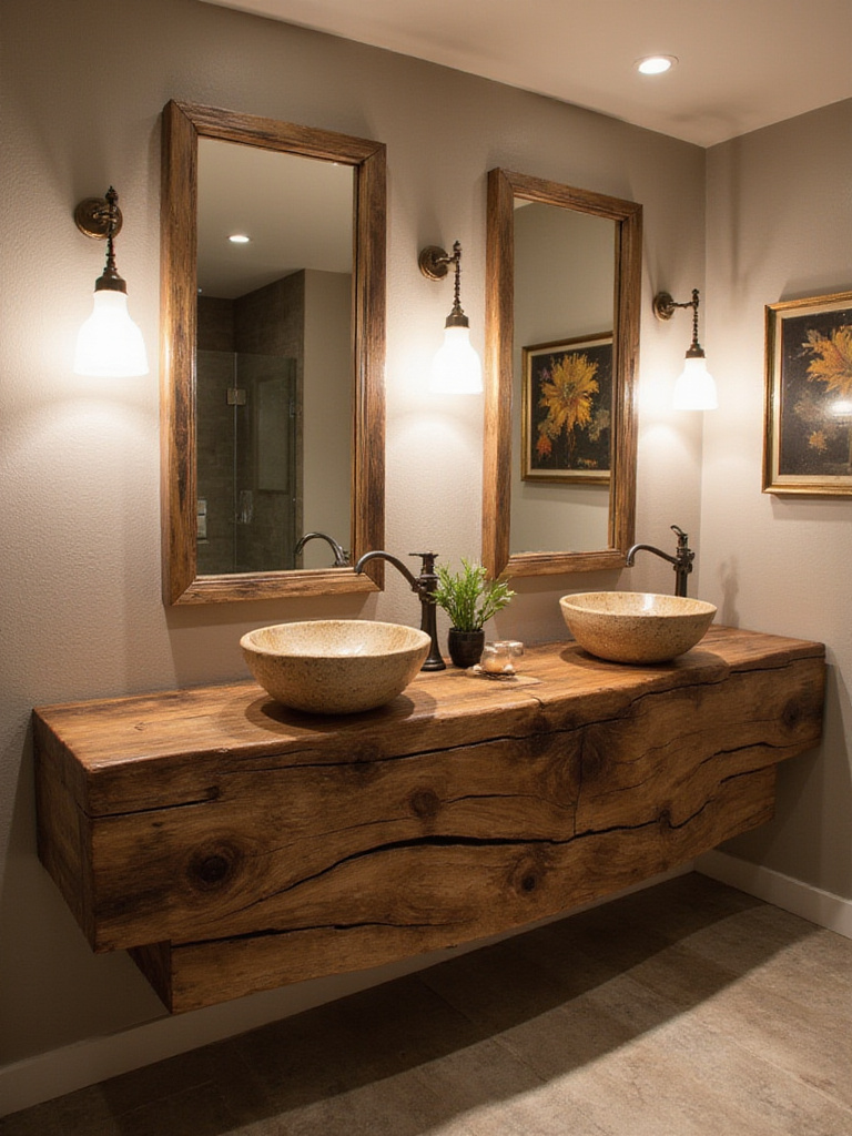 Unique wooden vanity with vessel sink in a stylish bathroom setting