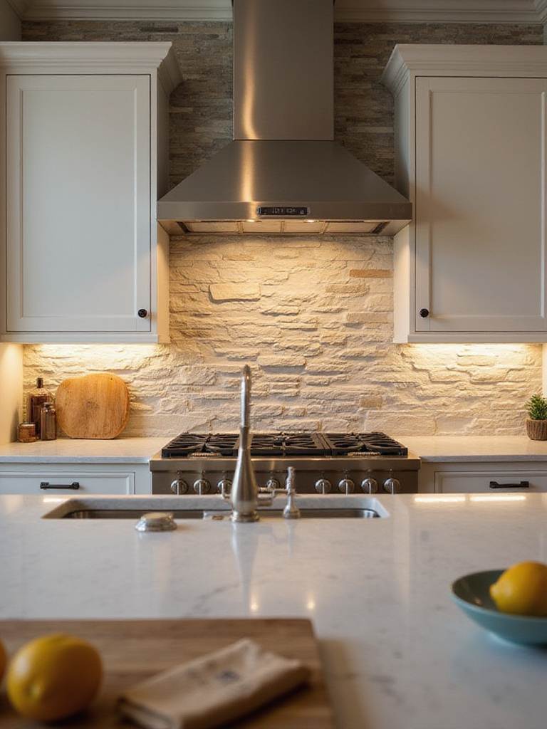 Modern kitchen with stylish ceramic and stone backsplash.