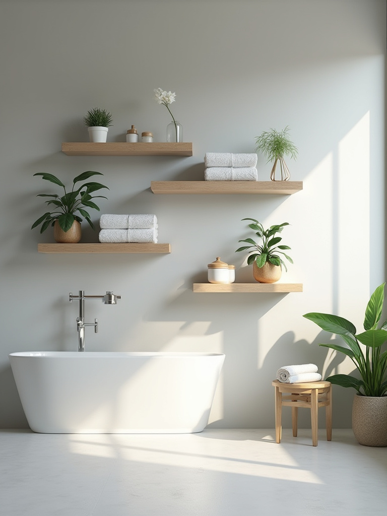 Elegant floating shelves in a stylish bathroom with organized towels and decor