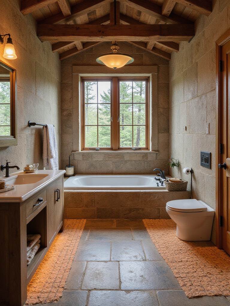 Rustic bathroom with radiant floor heating showcasing natural stone tiles and wooden accents.