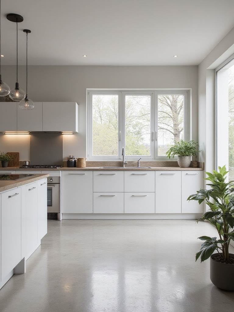 Modern Scandinavian kitchen with sleek handleless cabinets and natural light.