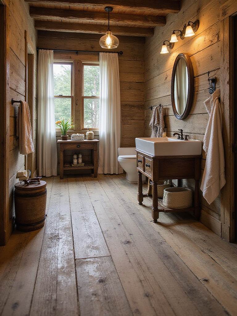 Rustic bathroom with distressed wood plank flooring