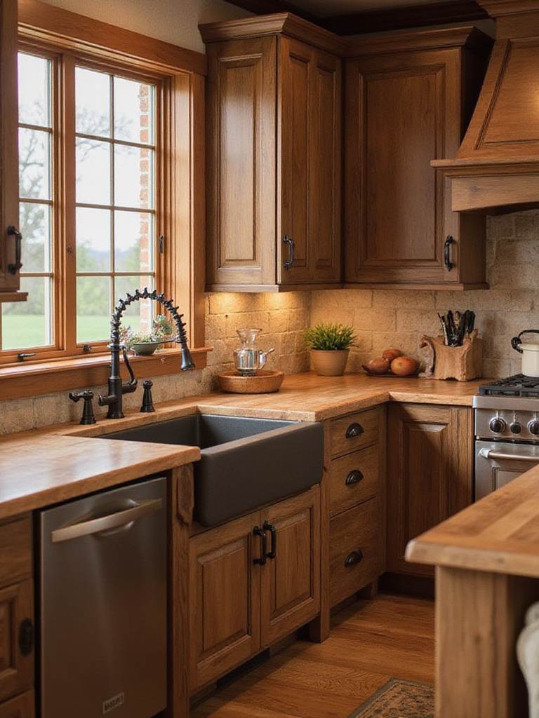 Rustic kitchen featuring oil-rubbed bronze hardware on cabinets