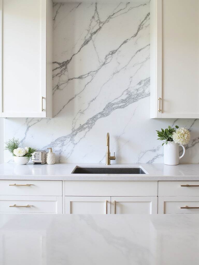 Modern kitchen with full-height Calacatta marble slab backsplash and white shaker cabinets.