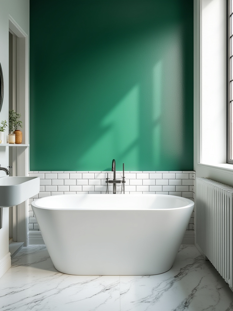 Modern bathroom with a bold emerald green accent wall behind a freestanding bathtub.