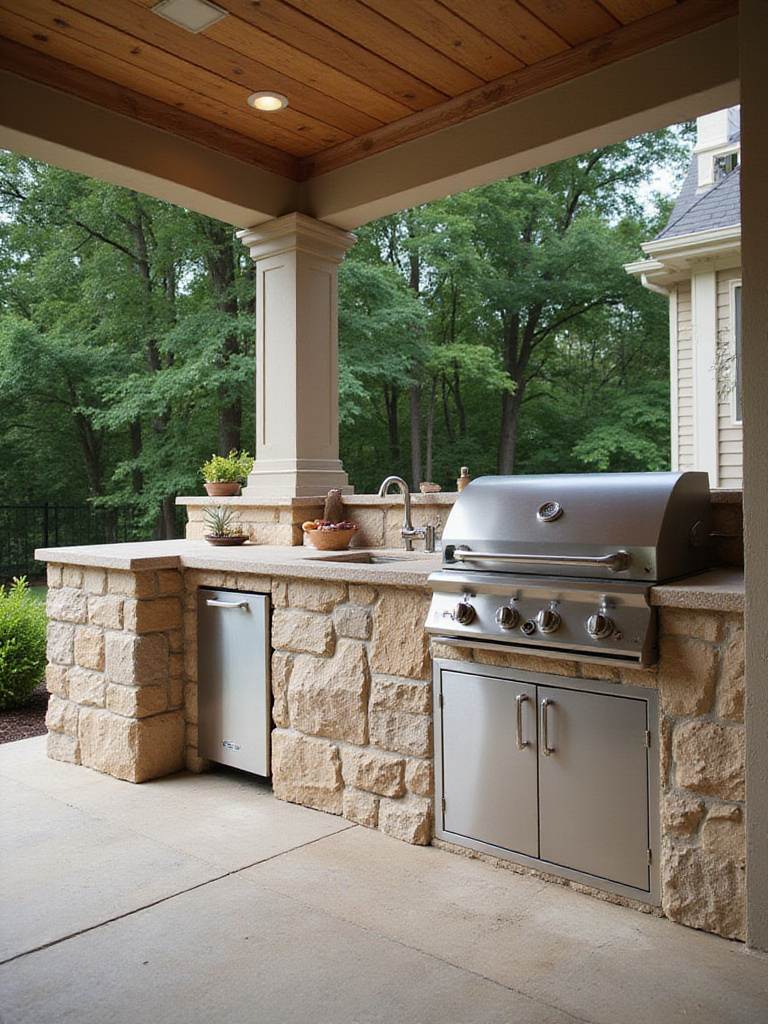 A modern outdoor kitchen on a porch with grill, sink, and natural stone countertops.