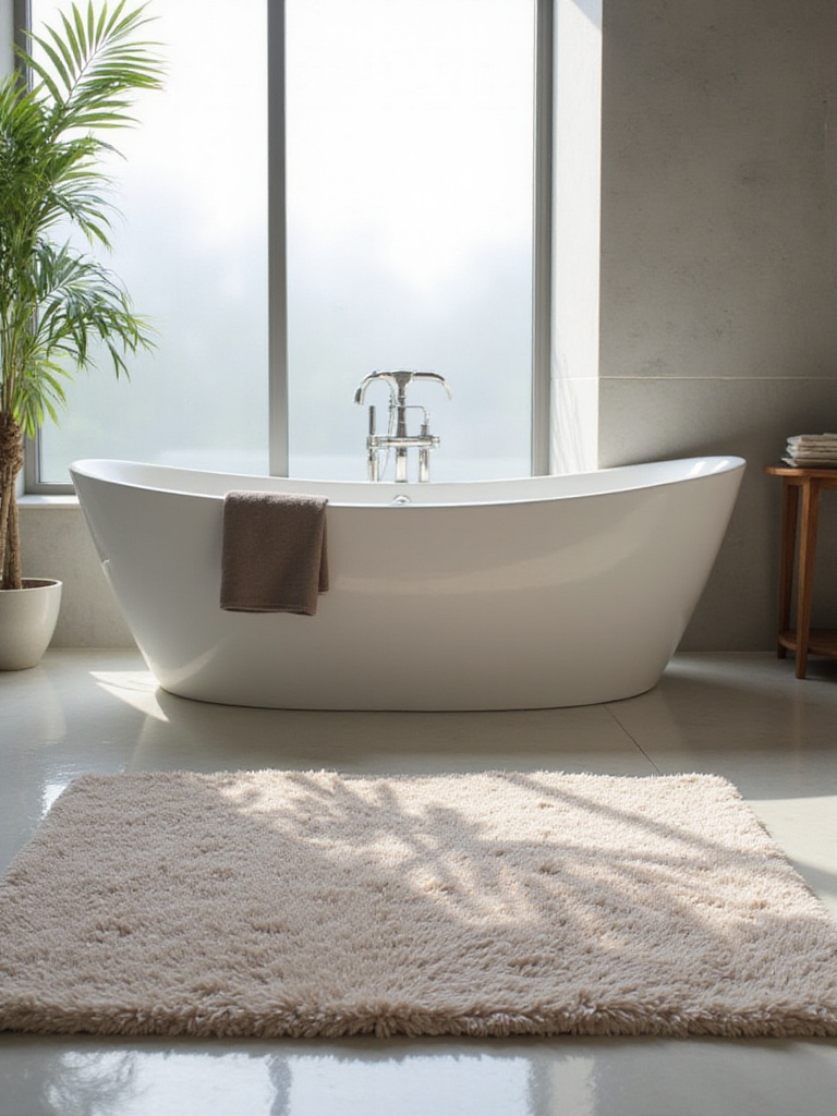 Luxurious bathroom with a plush bath mat in front of a freestanding bathtub