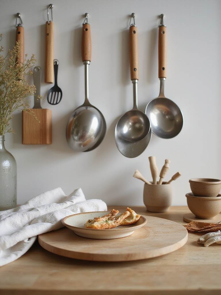 A serene Scandinavian kitchen with quality and durable utensils displayed on a wooden countertop.