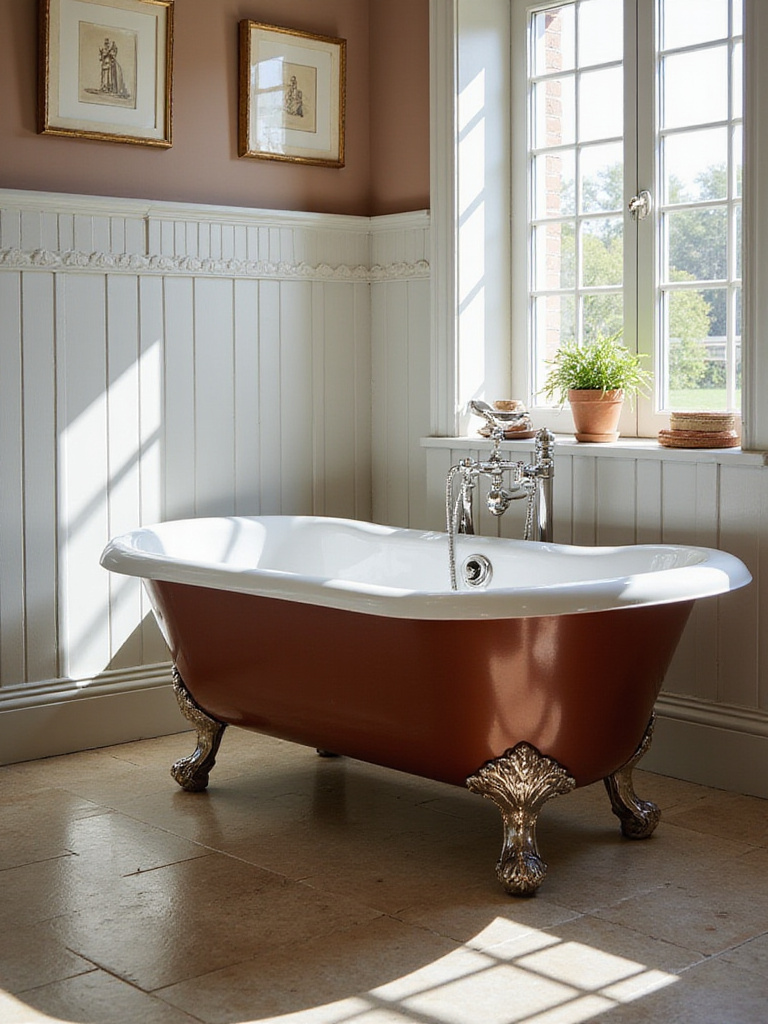 A classic cast iron bathtub in a stylish bathroom with natural lighting.