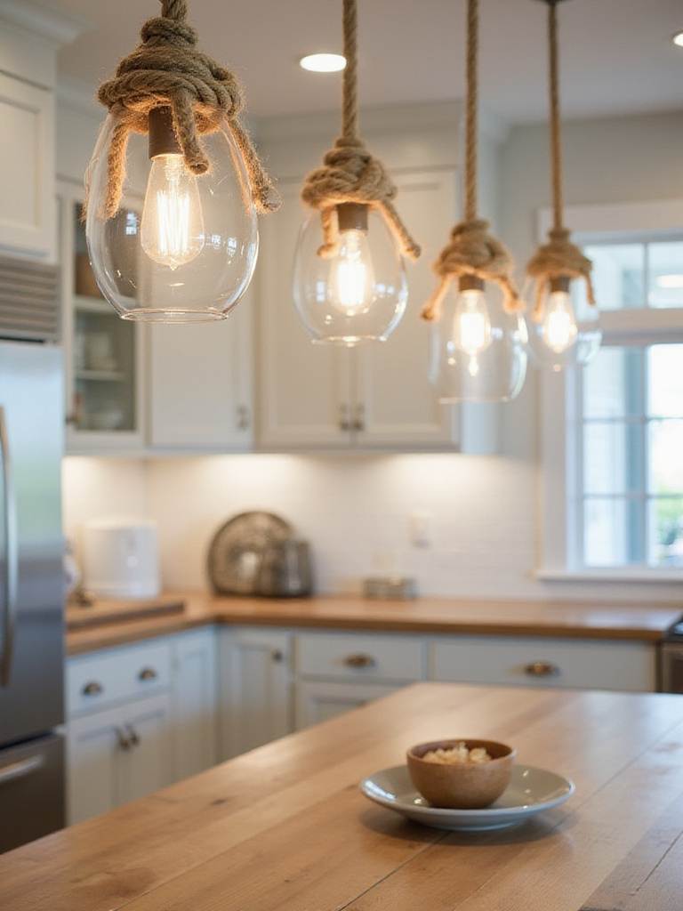 Coastal kitchen with glass and rope pendant lights hanging over an island.