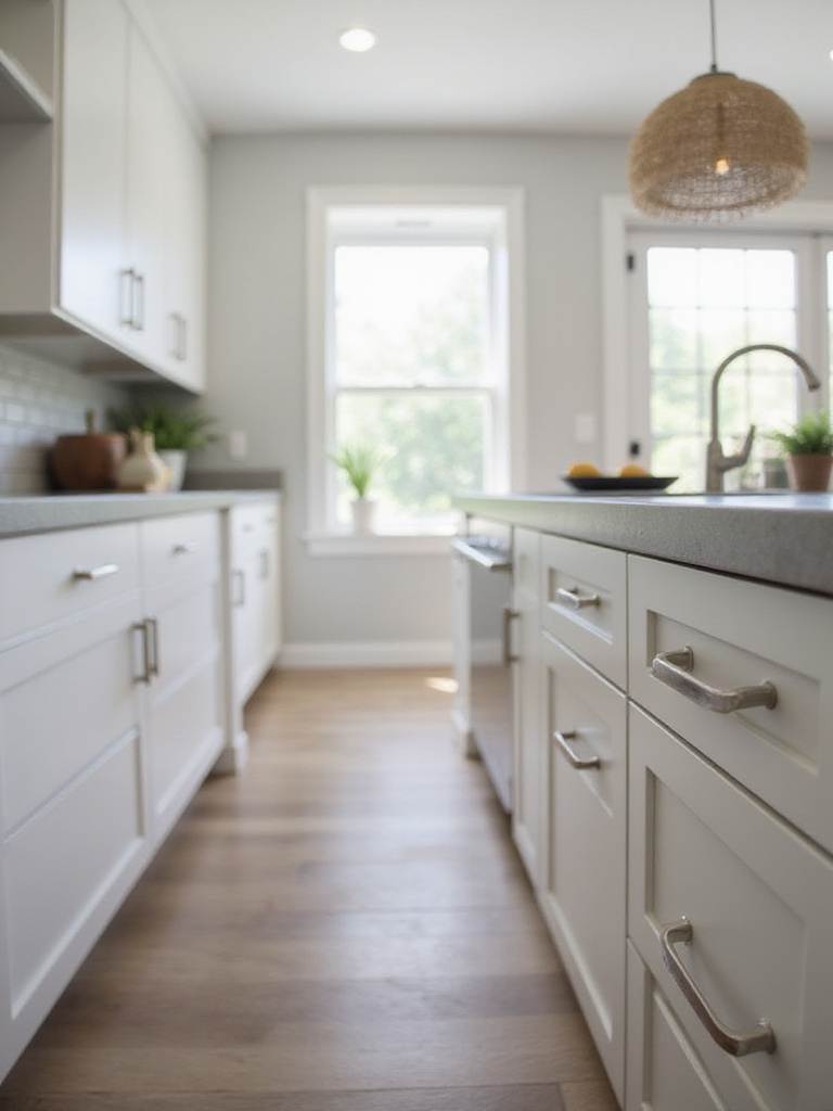 Modern kitchen with upgraded cabinet hardware showcasing sleek pulls and knobs.