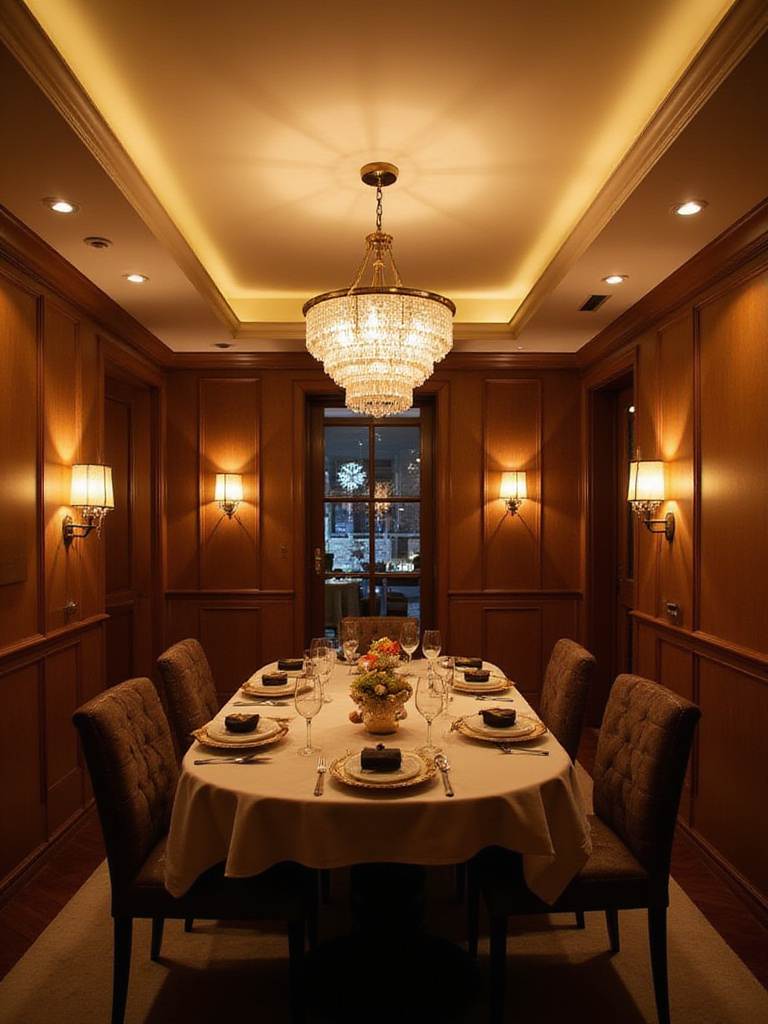 Elegant dining room with layered lighting including chandelier, sconces, and recessed lights.
