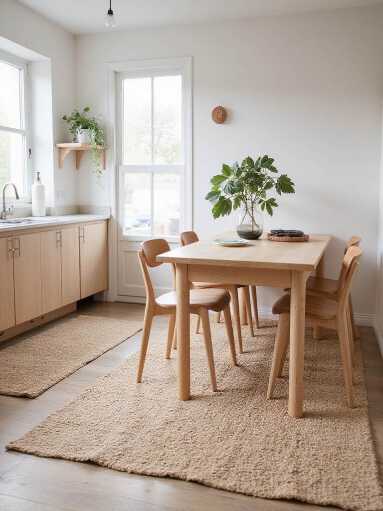 Scandinavian kitchen featuring natural fiber rugs made of jute and wool, showcasing warmth and texture.