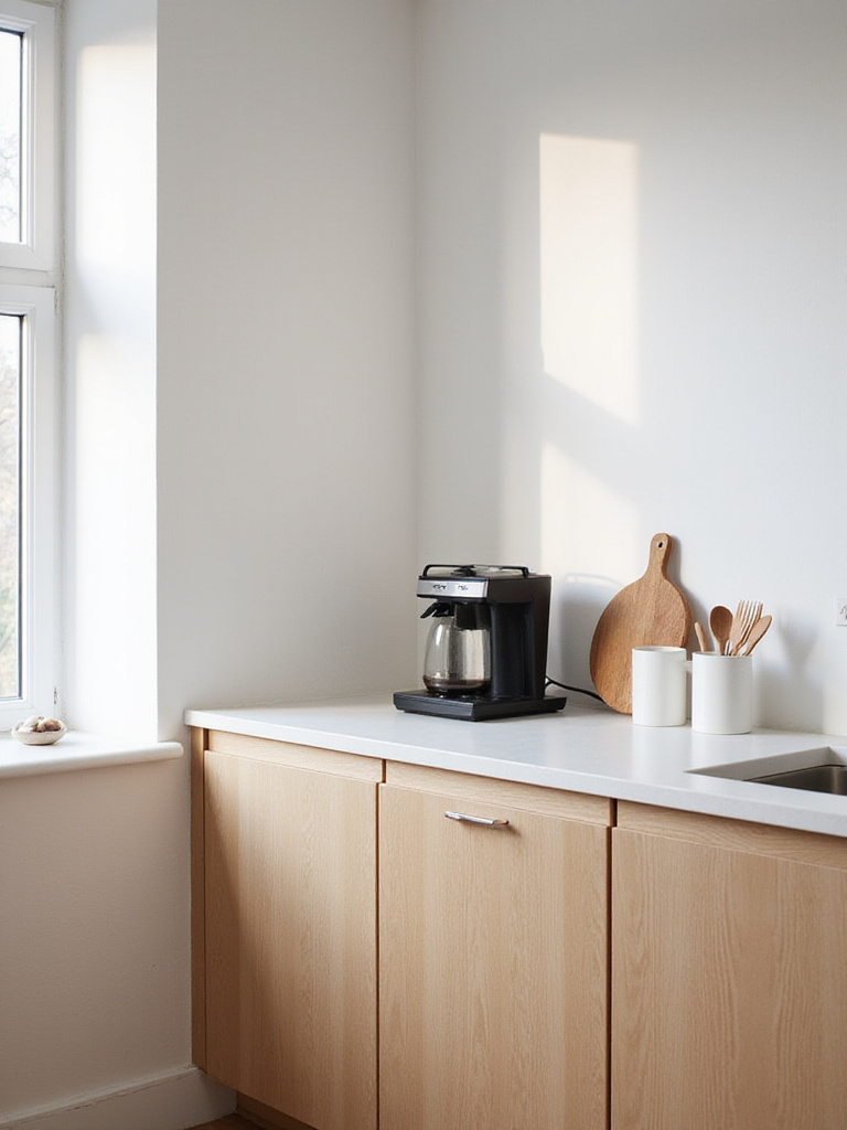 Minimalist Scandinavian kitchen countertop with essential appliances and natural light