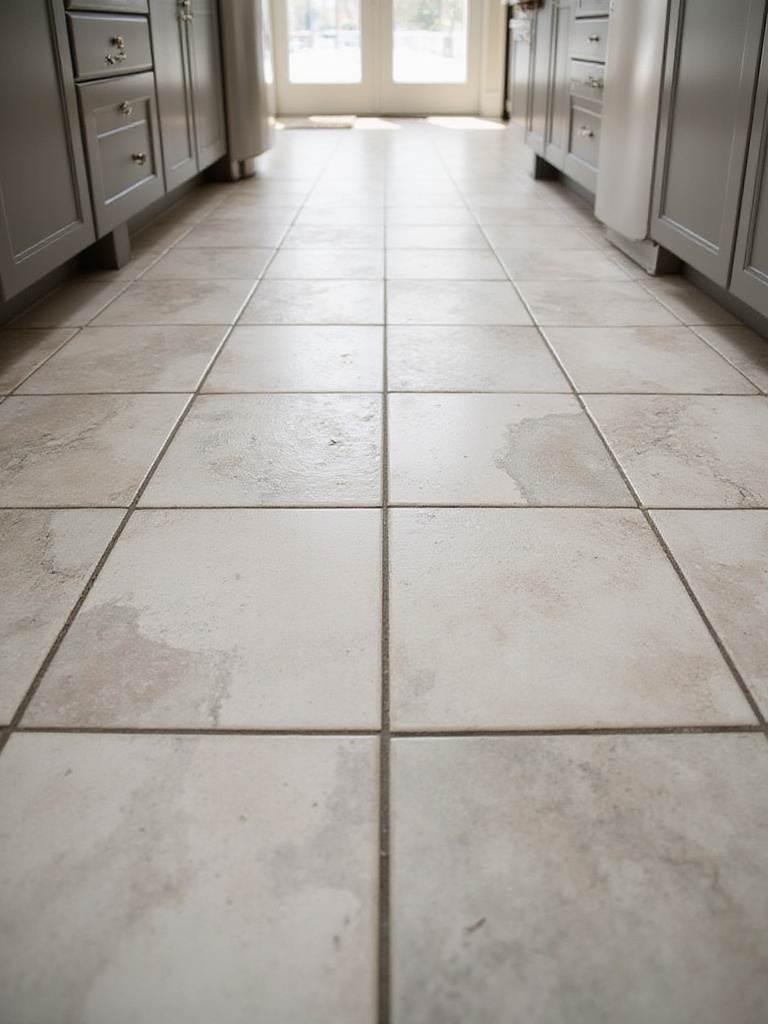 A stunning kitchen floor showcasing various tile designs and grout lines with perfect color contrast.