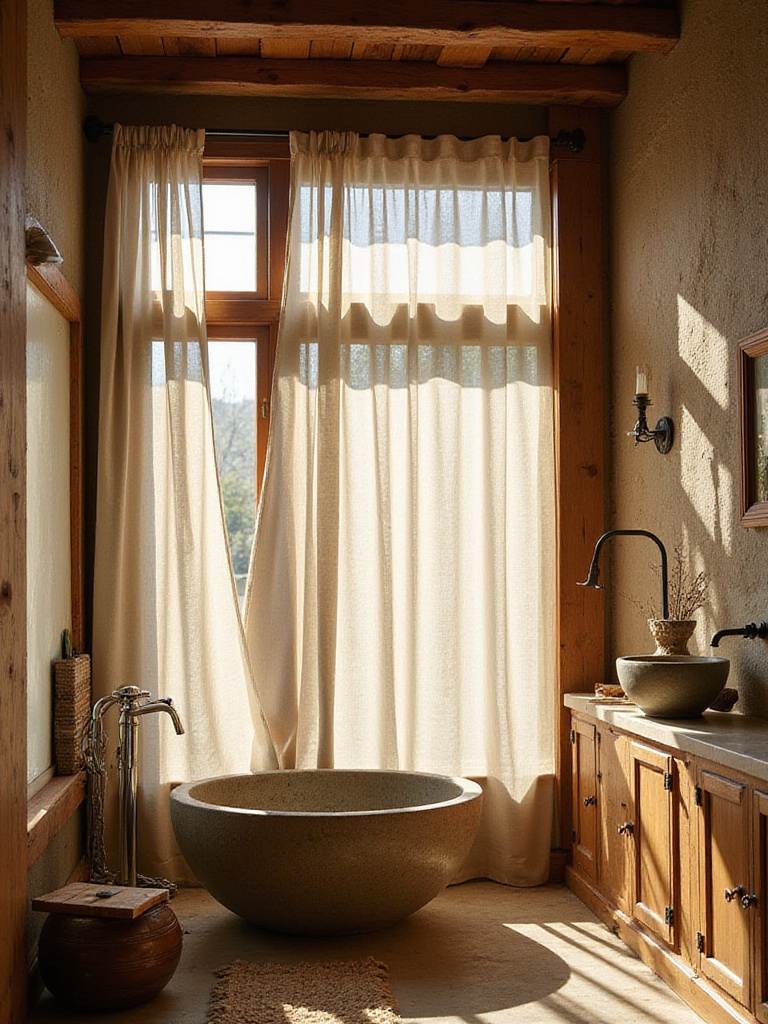 Rustic bathroom with sheer linen curtains maximizing natural light