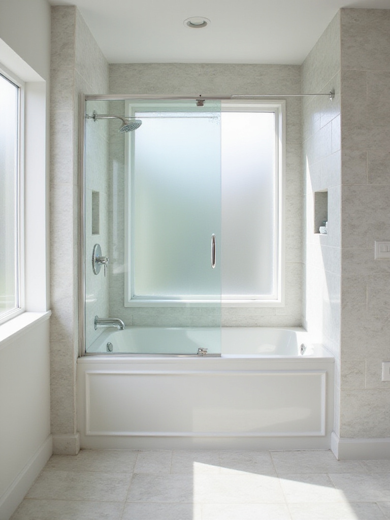 Modern bathroom with a shower/tub combination and clear glass sliding door.