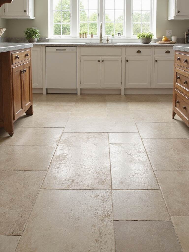 A beautifully designed kitchen floor featuring smart tile choices showcasing a mix of porcelain and ceramic tiles.