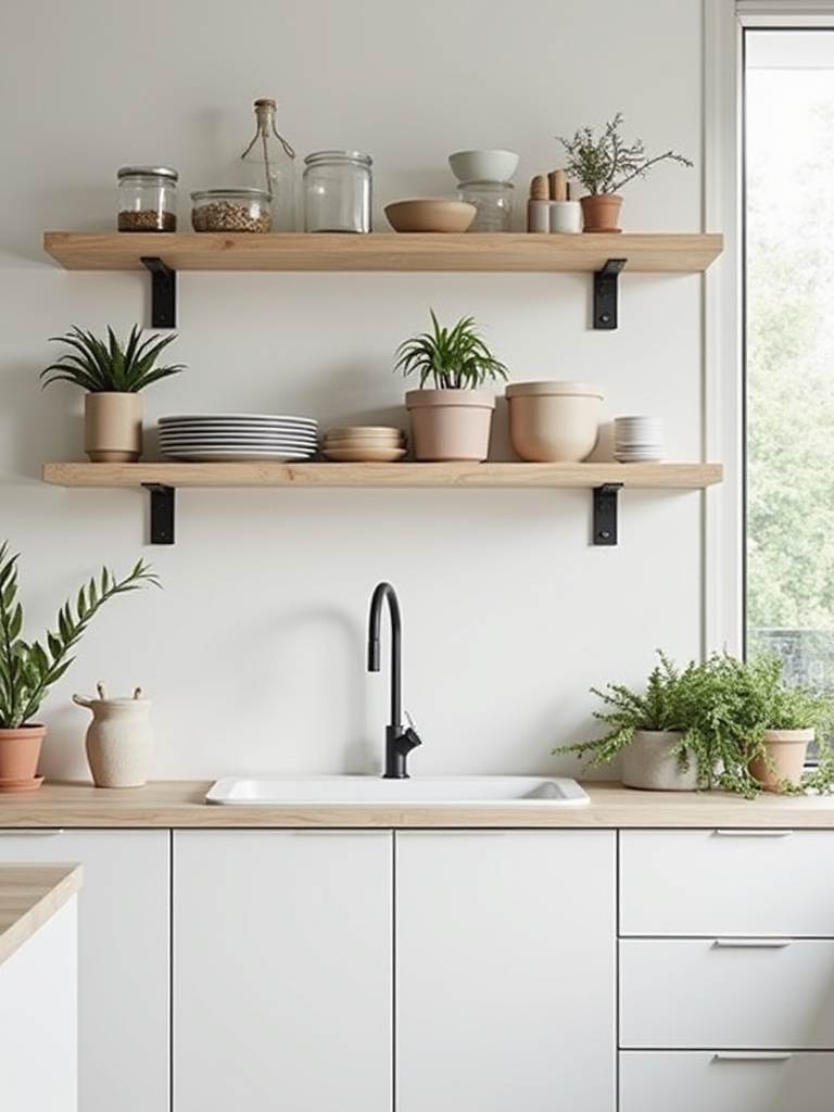Scandinavian kitchen with open shelving and organized vertical storage solutions.