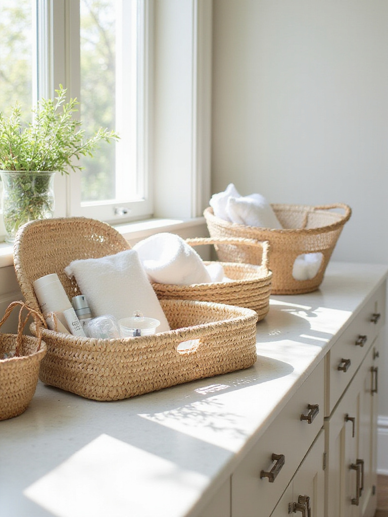 Organized bathroom countertop with woven baskets and trays